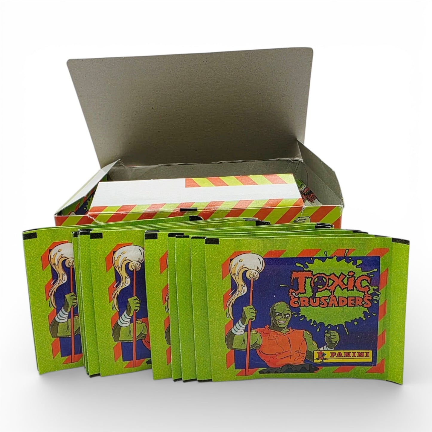 Vintage 1990s trading card game. Panini Sticker Pack. Front view.
