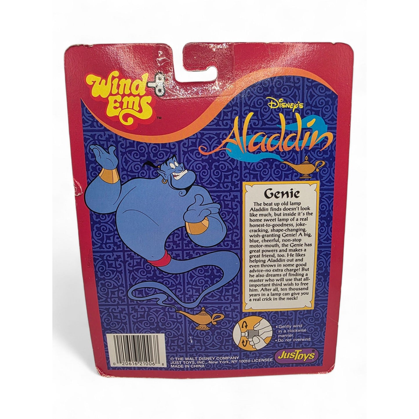 Vintage 1990s small toy. Aladdin. Genie. Wind Ems. Back view.
