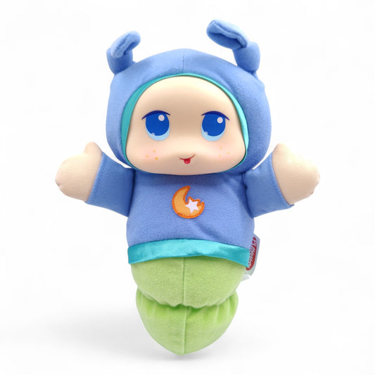 Vintage 2000s plush. Lullaby Gloworm (Blue). Music Box & Glowing Face 9". Face view.