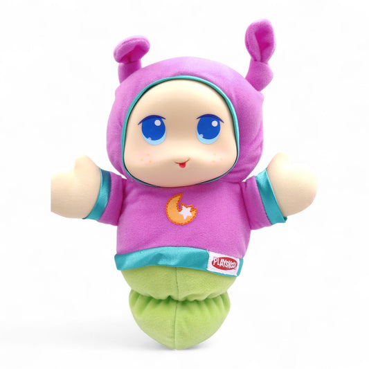 Vintage 2000s plush. Lullaby Gloworm (Pink). Music Box & Glowing Face 9". Face view.