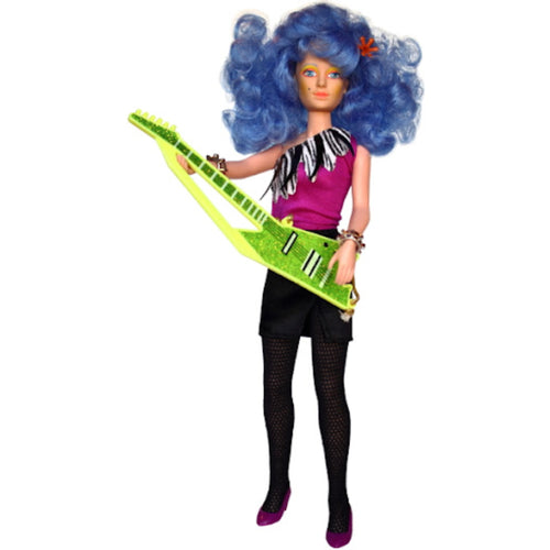 Doll with blue hair holding a green guitar on a white background