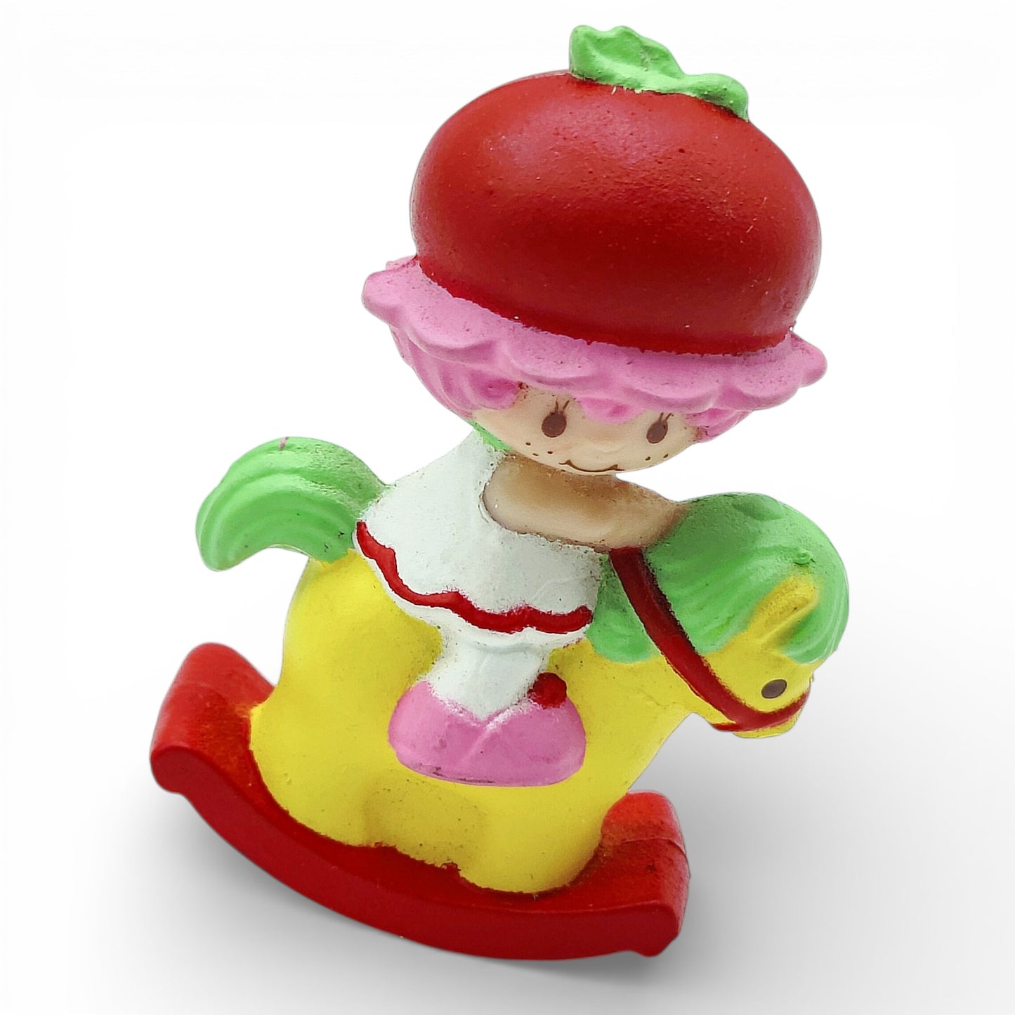 1982 – Strawberry Shortcake – Strawberryland Miniatures – Cherry Cuddler – On Rocking Horse 2" – Complete