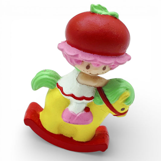 1982 – Strawberry Shortcake – Strawberryland Miniatures – Cherry Cuddler – On Rocking Horse 2" – Complete