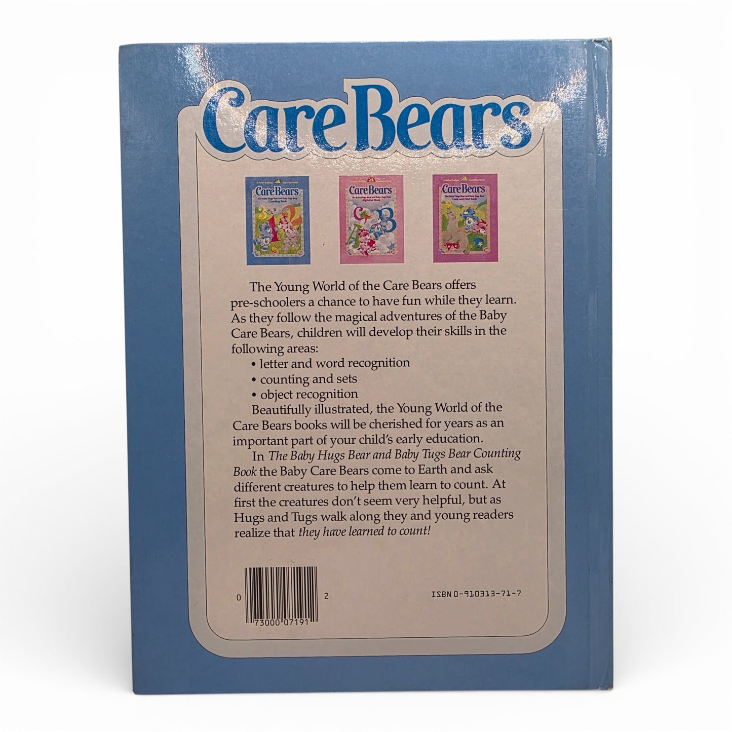 Vintage 1980s story book. Baby Hugs & Baby Tugs Counting Book. Hardcover Storybook. Back view.