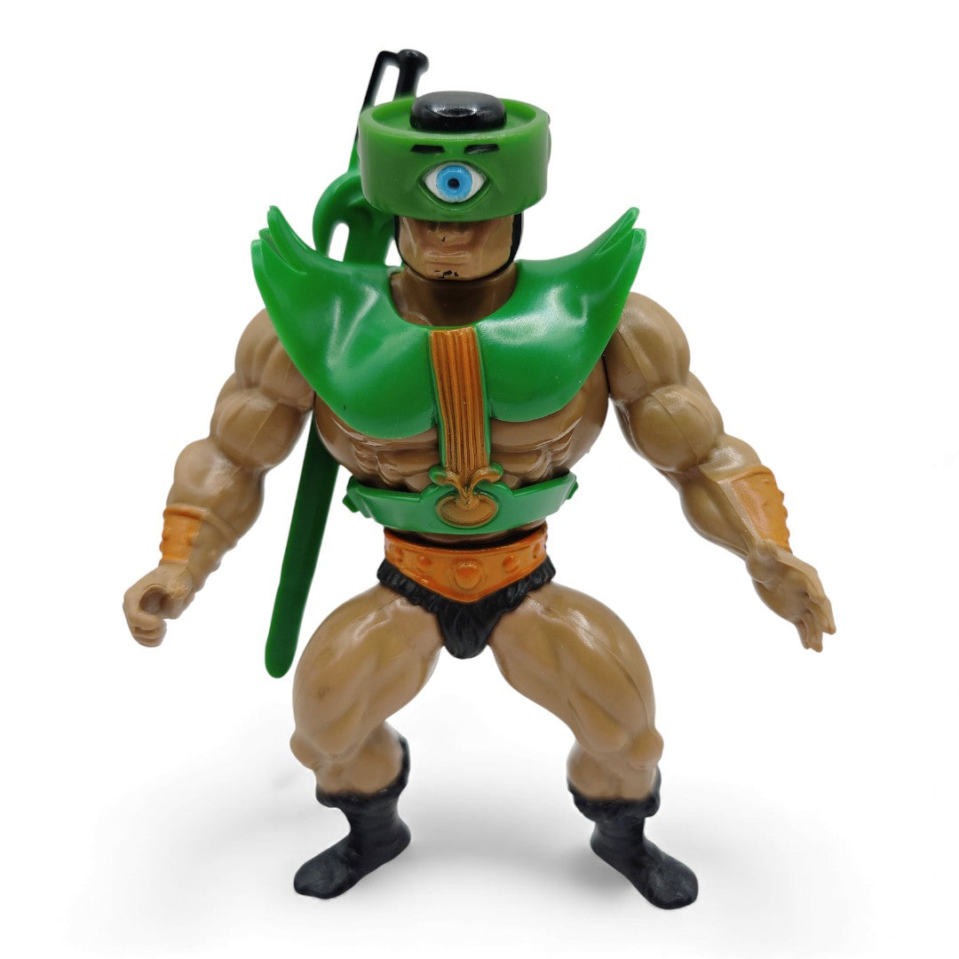Vintage 1980s action figure. (MOTU). Tri-Klops. & Mini Comic!. Face view.