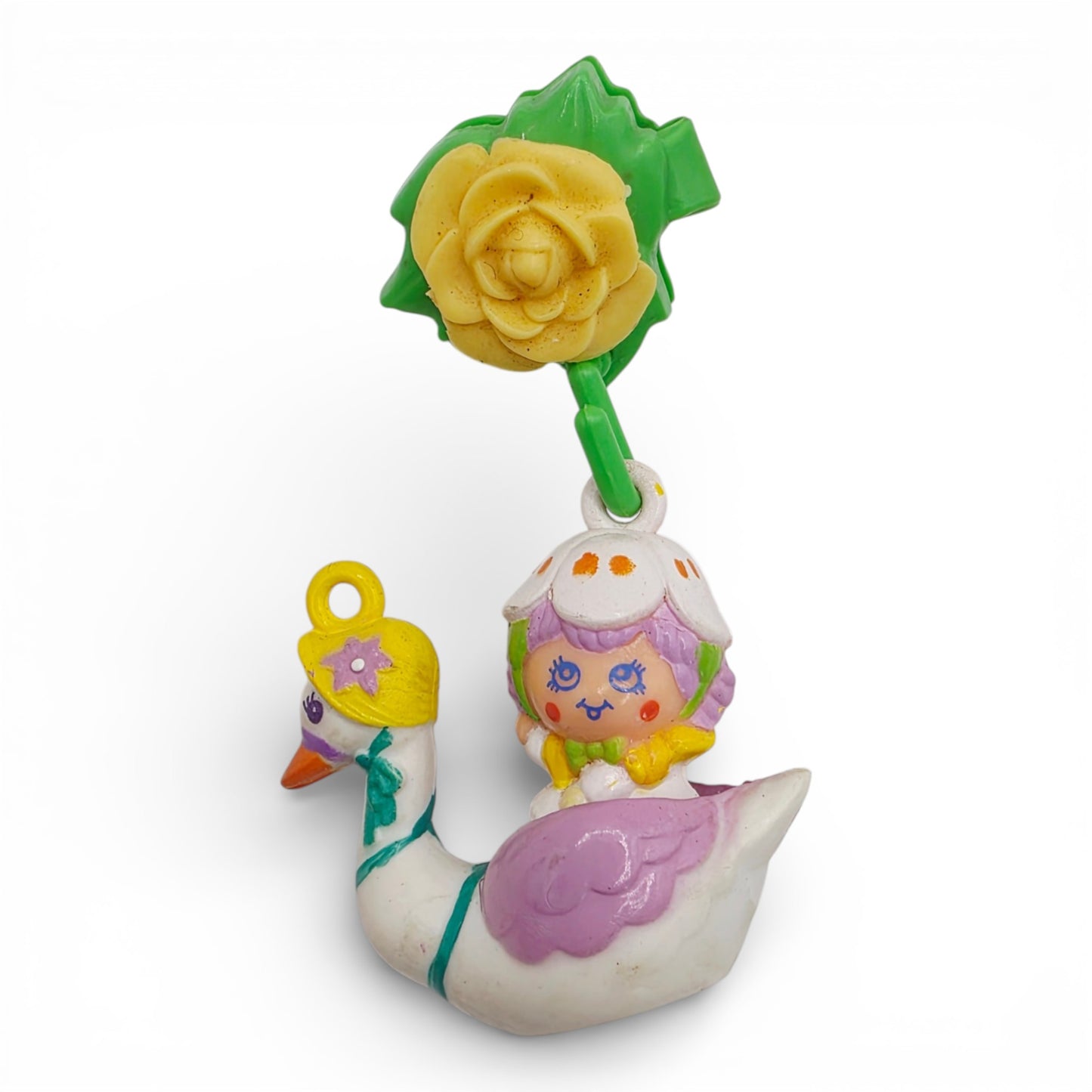 Vintage 1980s small toy. Second Scented Release. Twinkle & Snowflower Swan. Complete with Original Hair Clip. Front view.