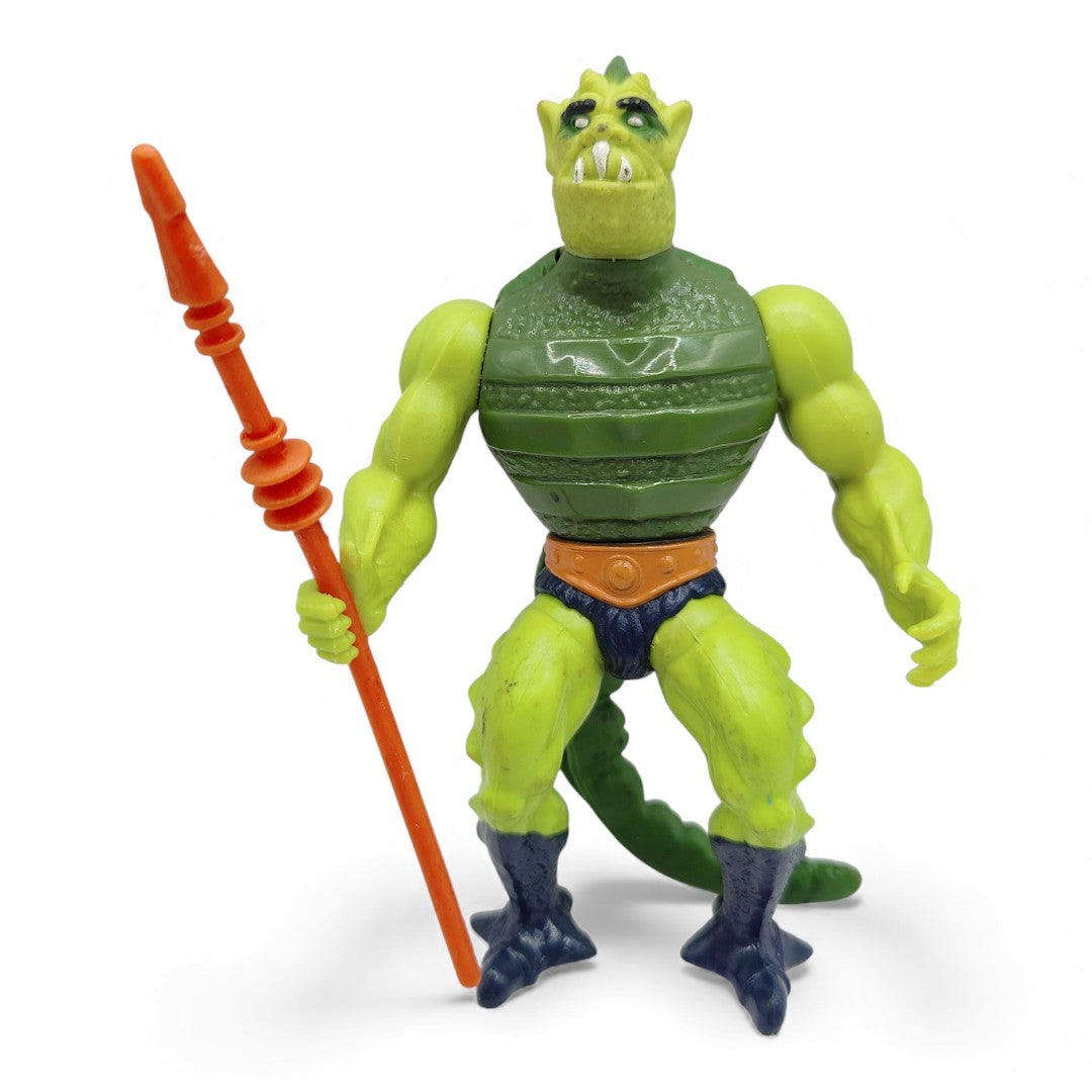 Vintage 1980s action figure. (MOTU). Whiplash. & Mini Comic!. Face view.