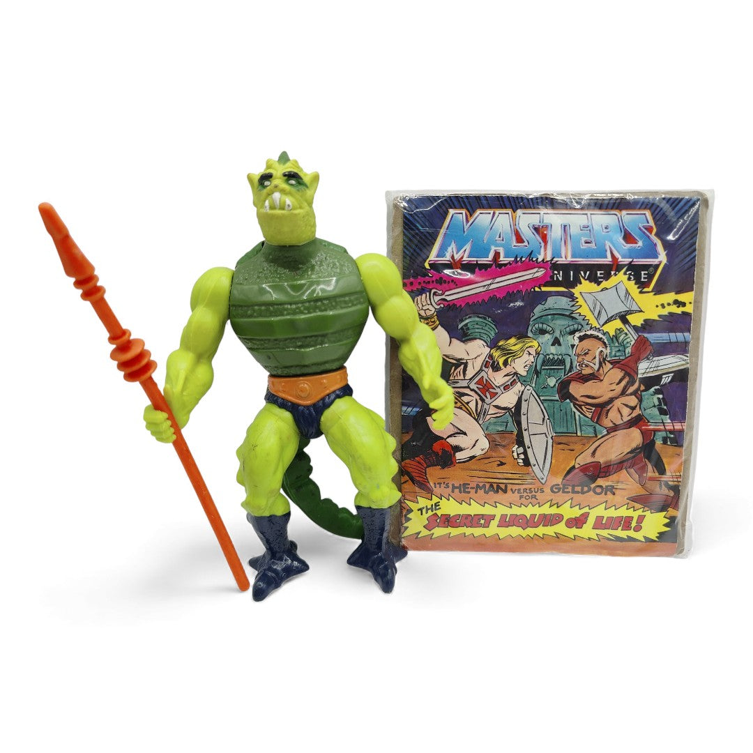 Vintage 1980s action figure. (MOTU). Whiplash. & Mini Comic!. Front view.