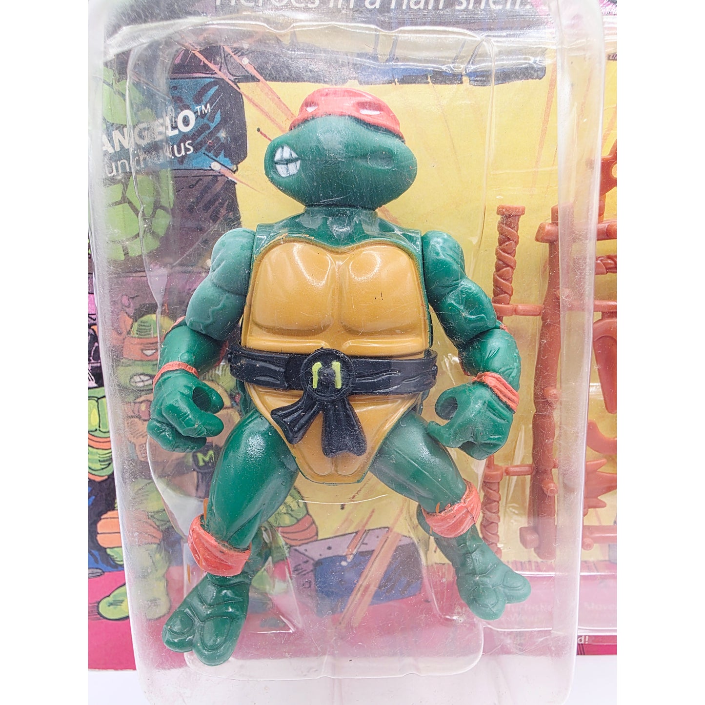 1988 Teenage Mutant Ninja Turtles Heroes in a Half Shell Michelangelo action figure — Face close-up