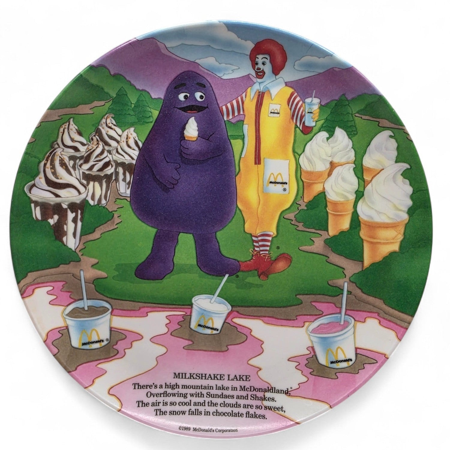 Vintage 1980s partyware. Birthday Party Plate. Grimace. Front view.