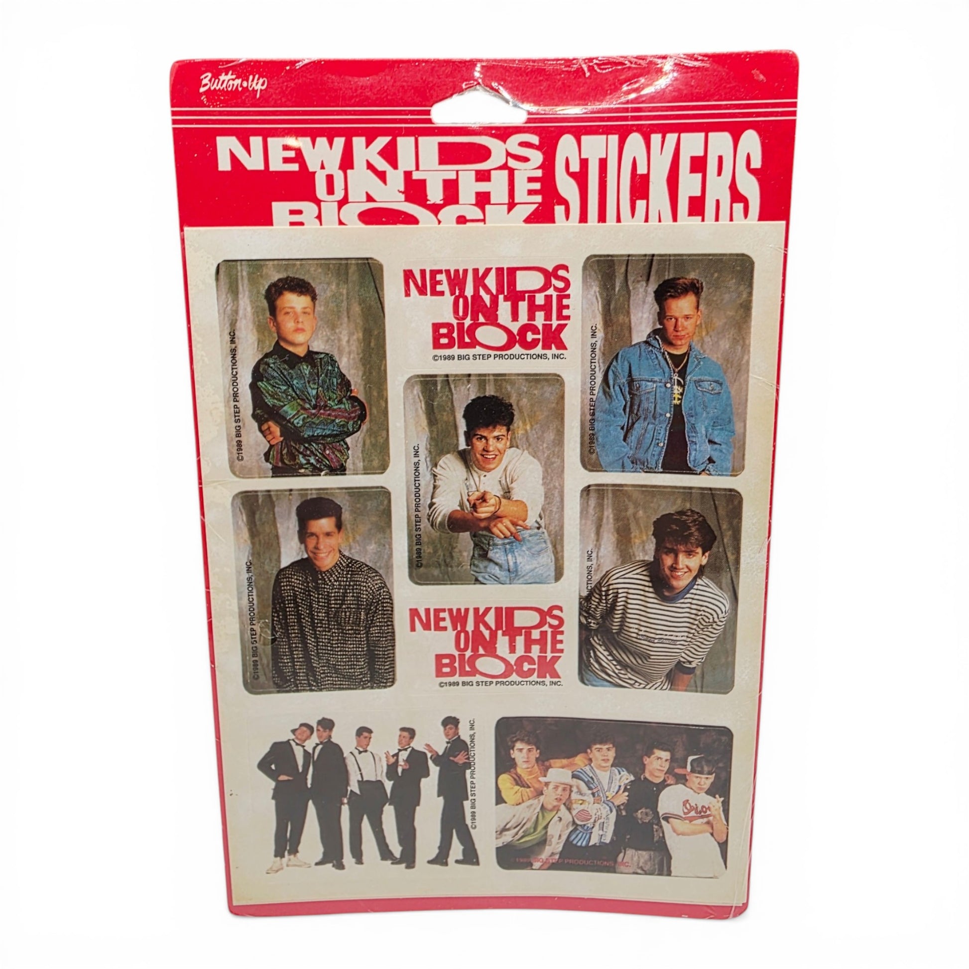 Pack of New Kids on the Block stickers with images of the band members and text.