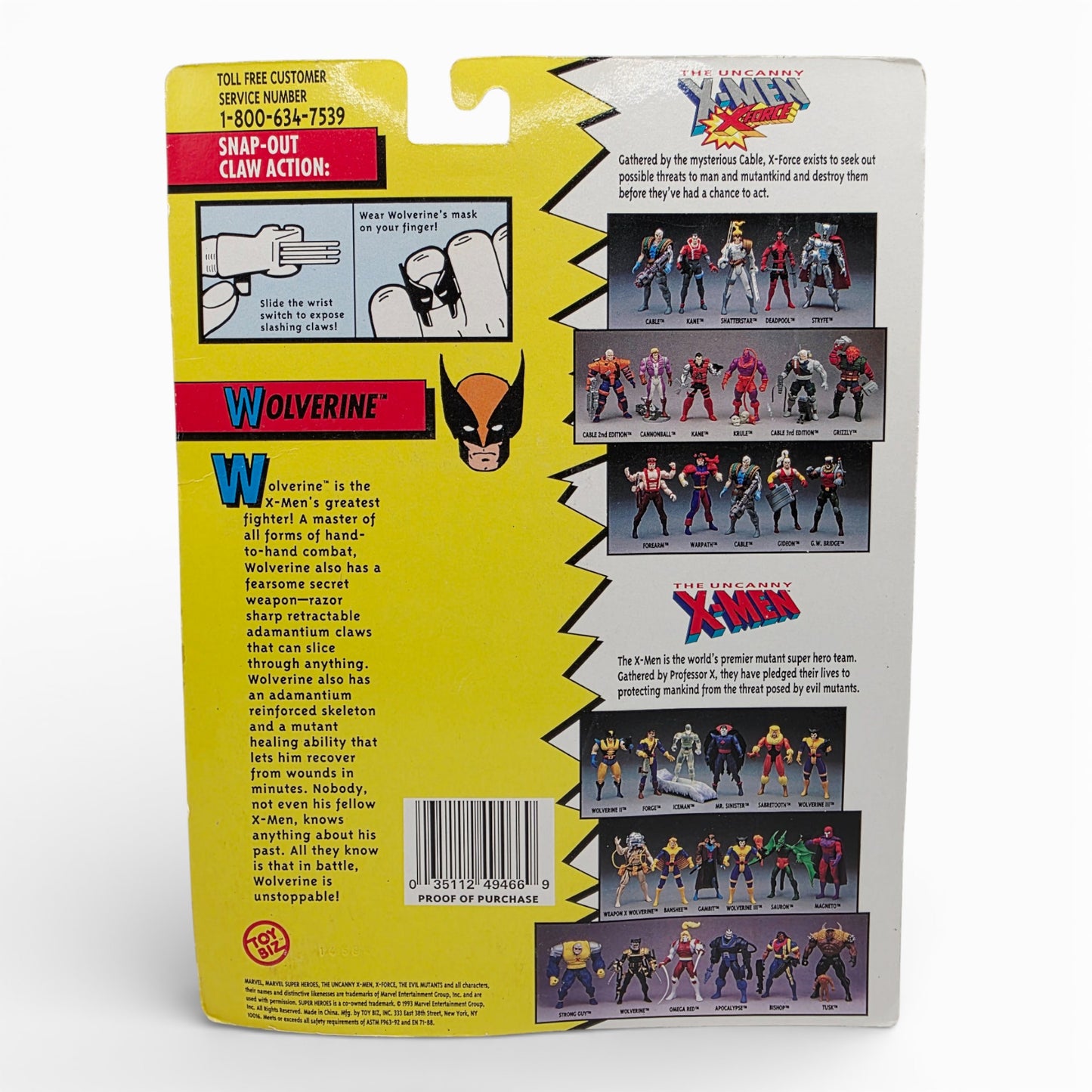 Vintage 1990s action figure. The Uncanny X-Men. Wolverine. Snap out Claws. Back view.