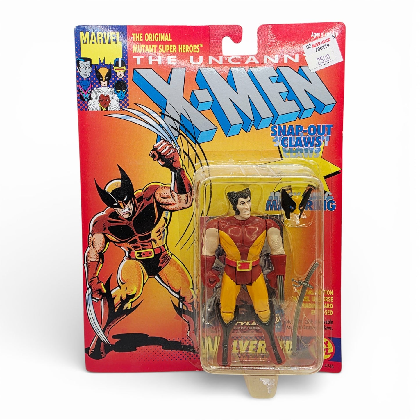 Vintage 1990s action figure. The Uncanny X-Men. Wolverine. Snap out Claws. Front view.