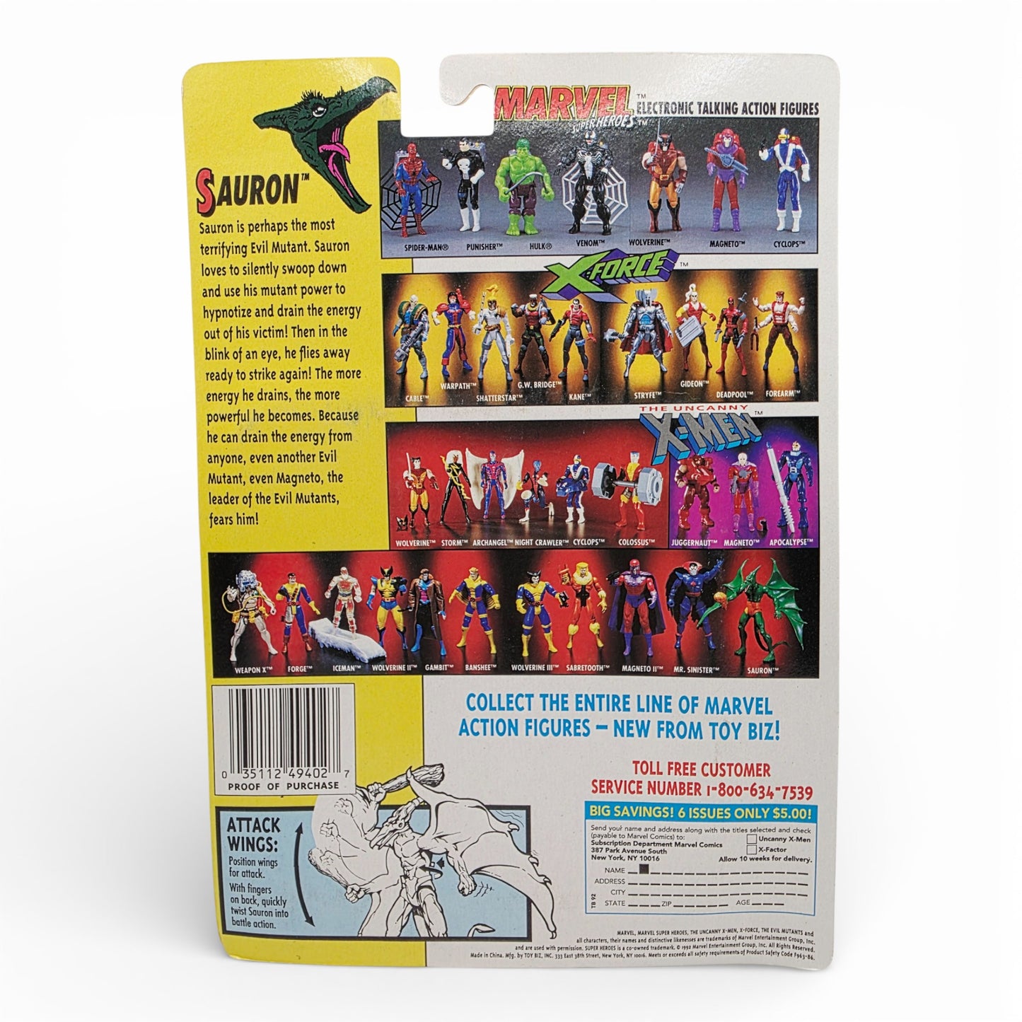 Vintage 1990s action figure. The Uncanny X-Men. Sauron. 5". Back view.