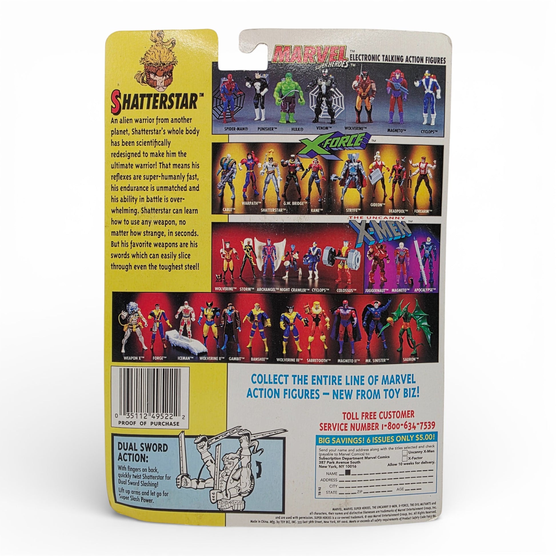Vintage 1990s action figure. The Uncanny X-Men: Xforce. Shatterstar. 5". Back view.