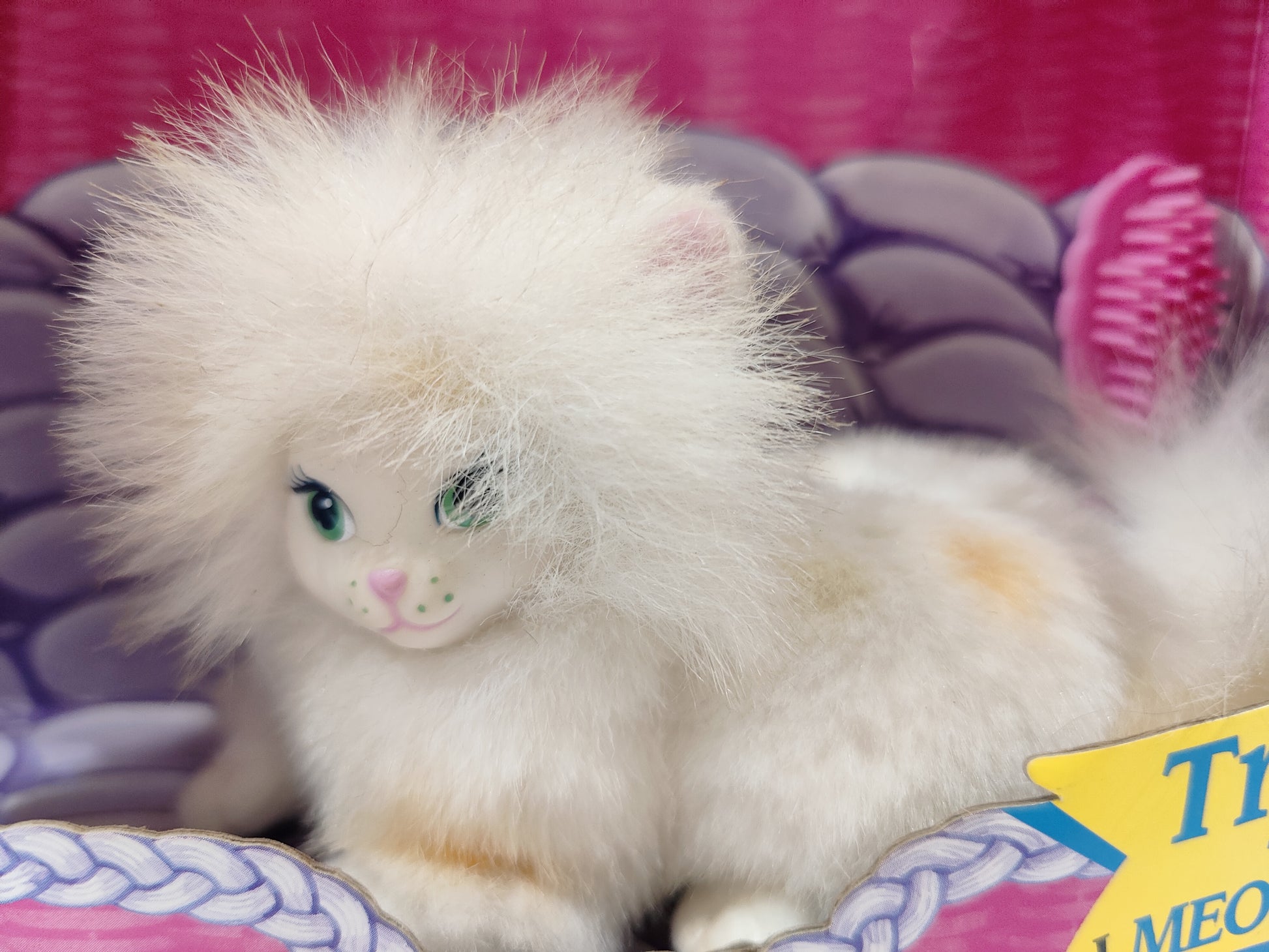 Vintage 1990s doll pet. Calico Cat. Barbies Pet Friend. Face view.