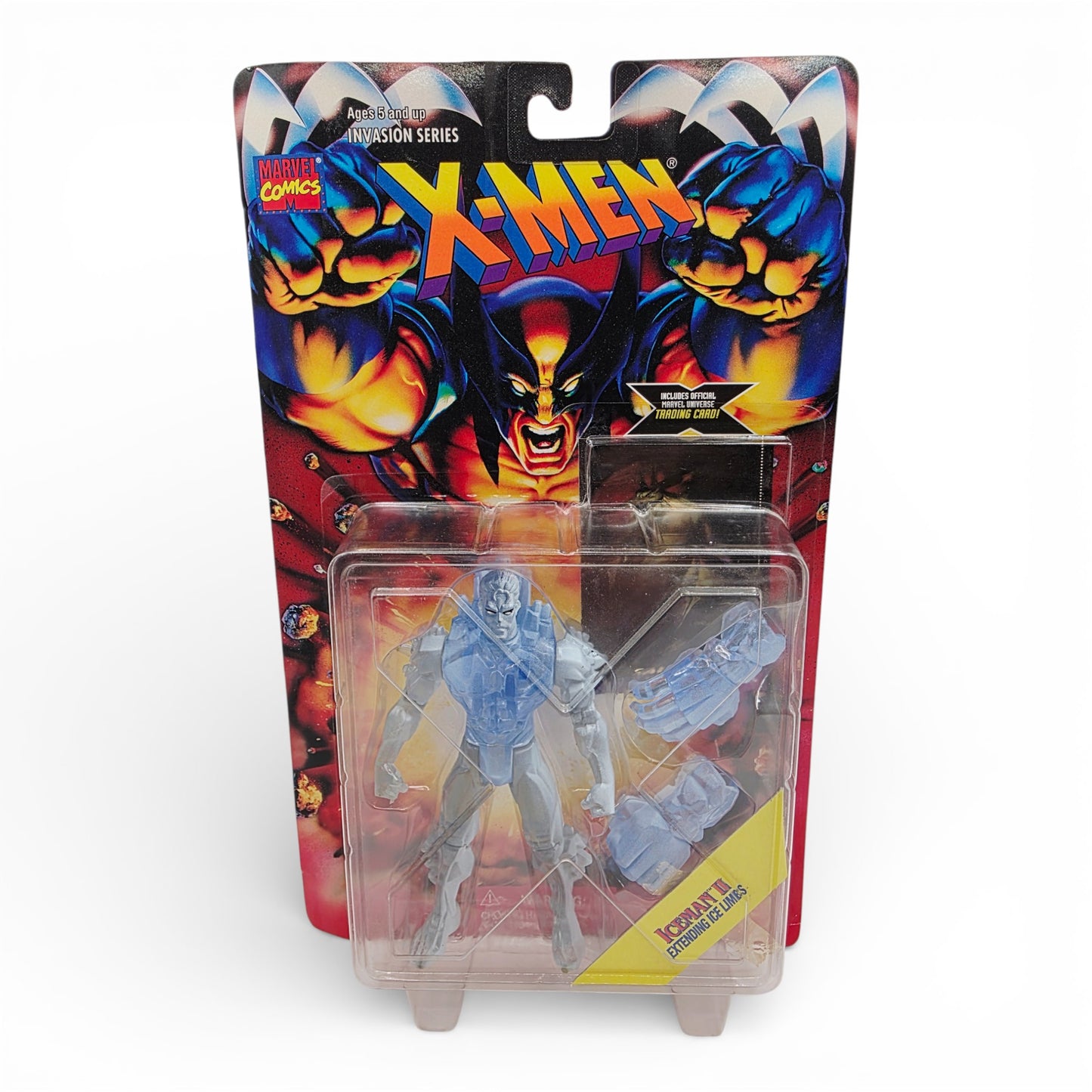 Vintage 1990s action figure. X-Men: Invasion Series. Iceman II. Extending Limbs! 5". Front view.