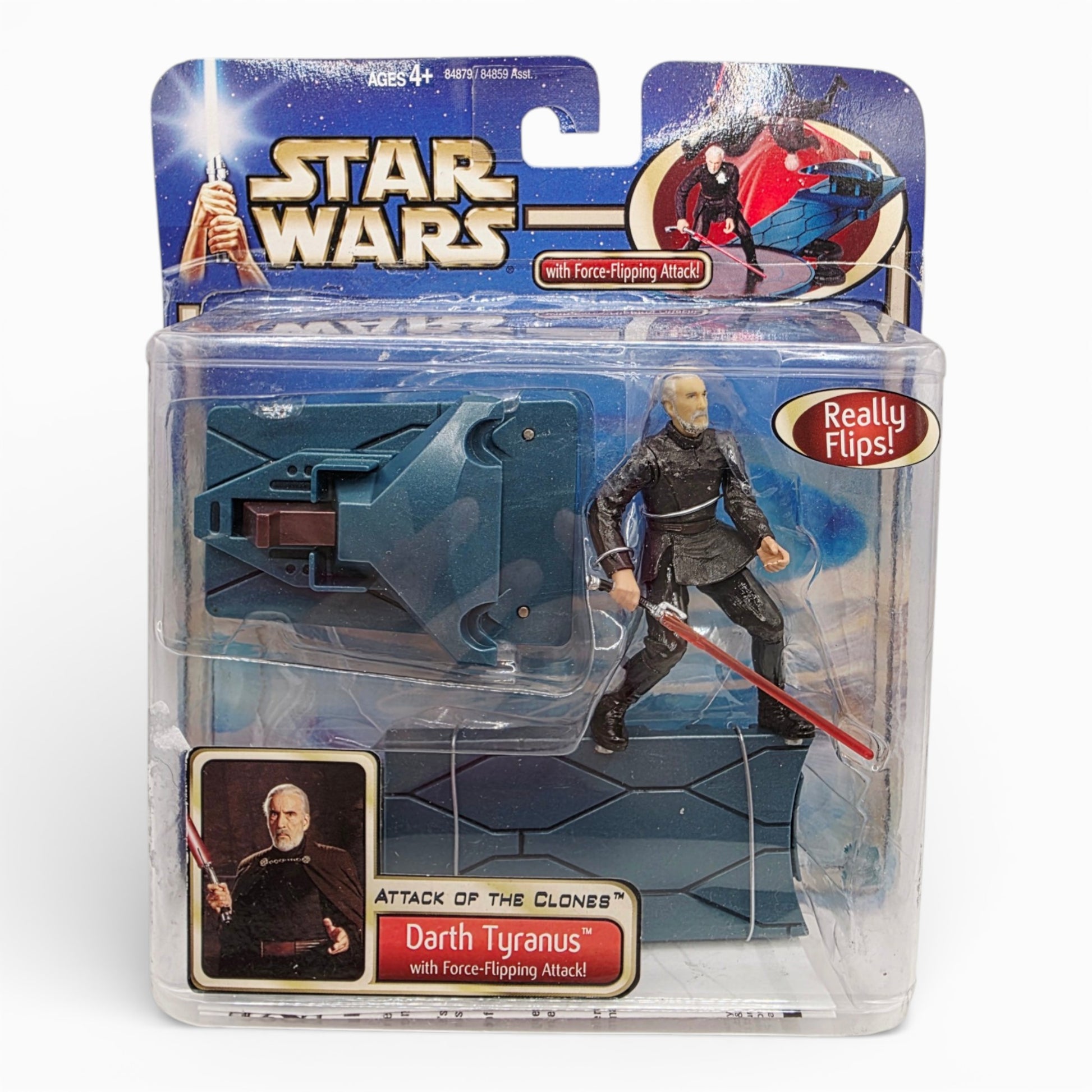 Vintage 2000s action figure playset. Attack of the Clones. Darth Tyranus (Count Dooku). Front view.