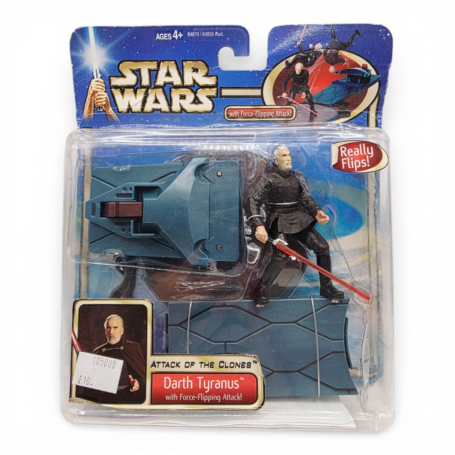 Vintage 2000s action figure playset. Attack of the Clones. Darth Tyranus (Count Dooku). Front view.