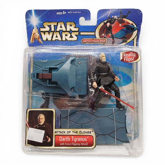 Vintage 2000s action figure playset. Attack of the Clones. Darth Tyranus (Count Dooku). Front view.