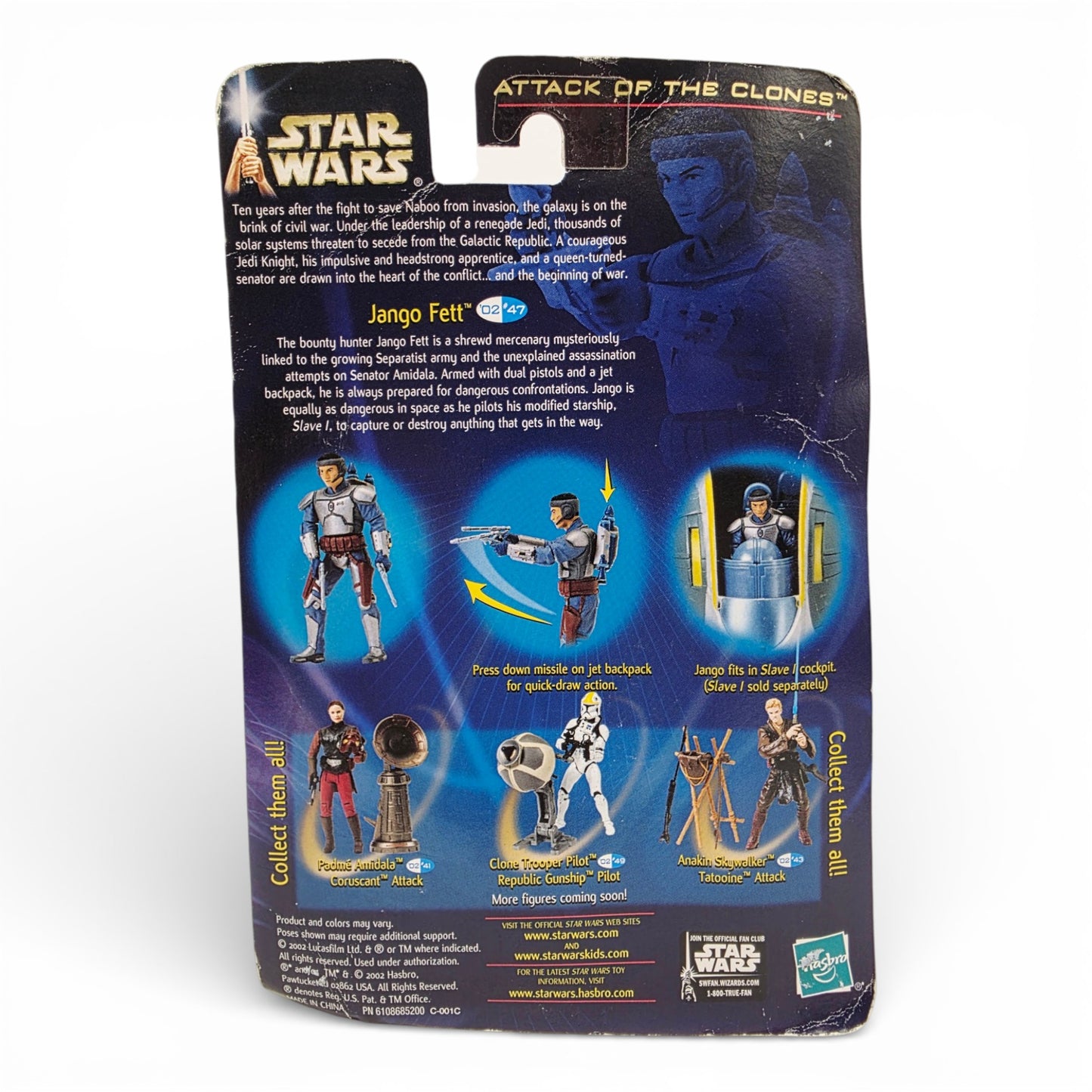 Vintage 2000s action figure. Attack of the Clones. Jango Fett. 3.75". Back view.
