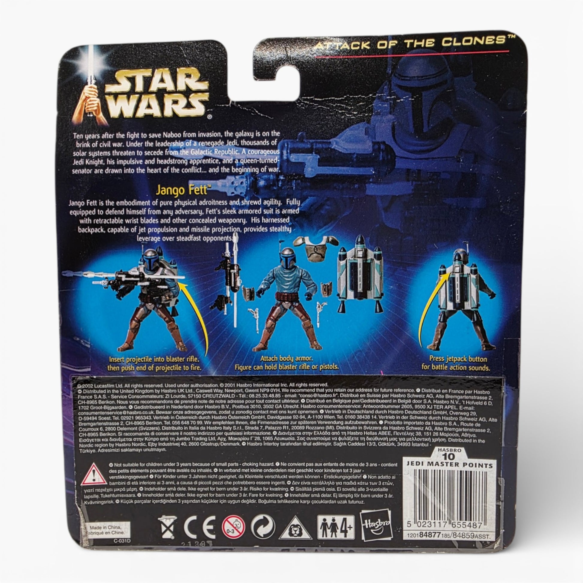Vintage 2000s action figure playset. Attack of the Clones. Jango Fett. Back view.