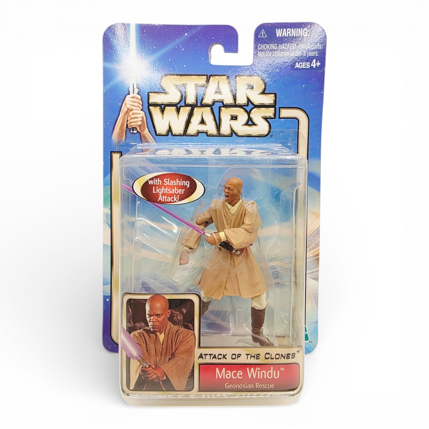 Vintage 2000s action figure. Attack of the Clones. Mace Windu. 3.75". Front view.