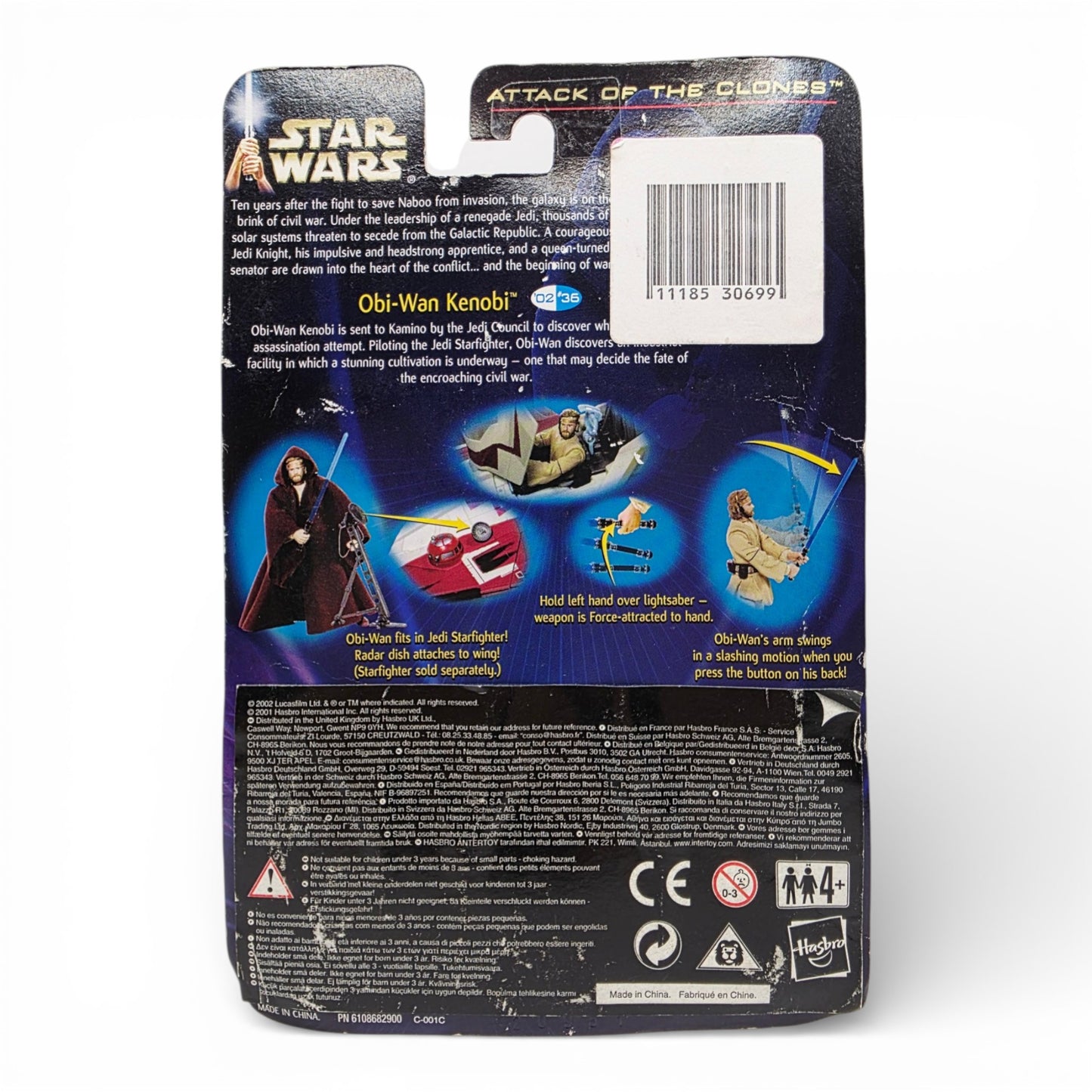 Vintage 2000s action figure. Attack of the Clones. Obi-Wan Kenobi. 3.75". Back view.