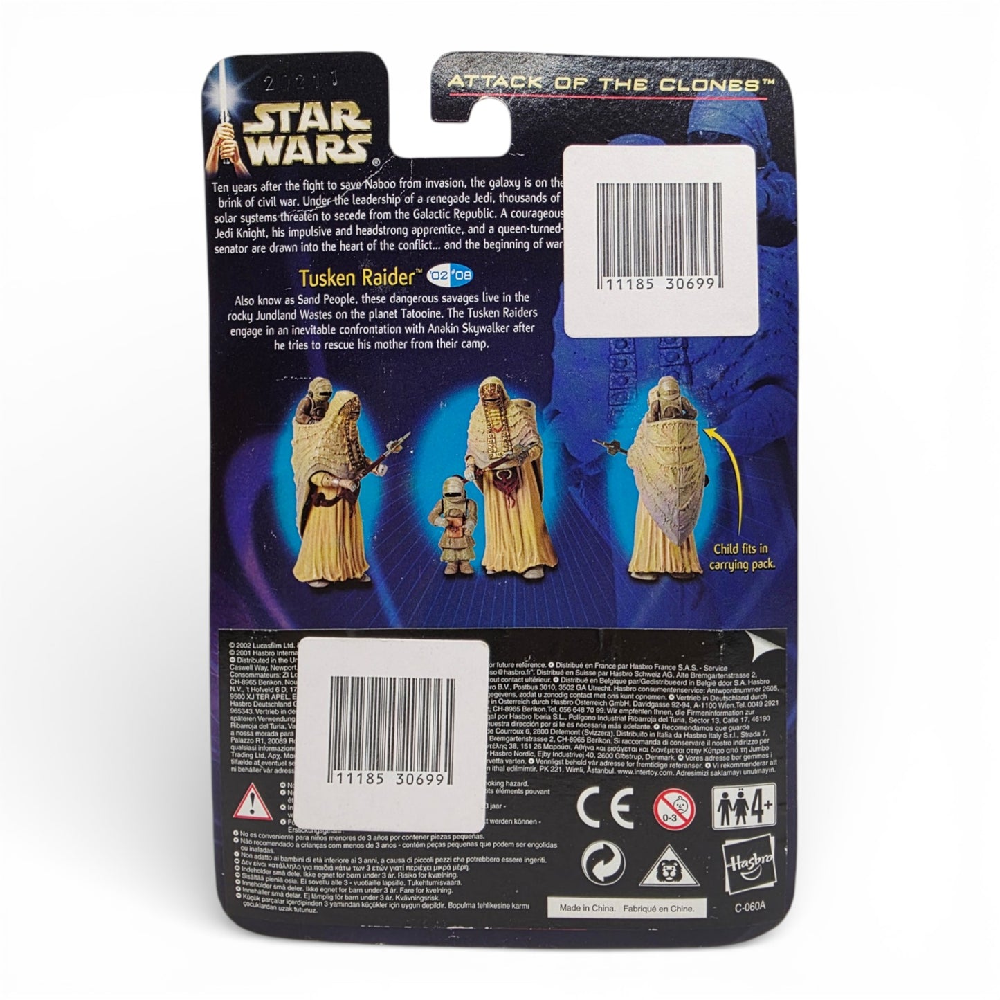Vintage 2000s action figure. Attack of the Clones. Tusken Raider Female with Tusken Child. 3.75". Back view.