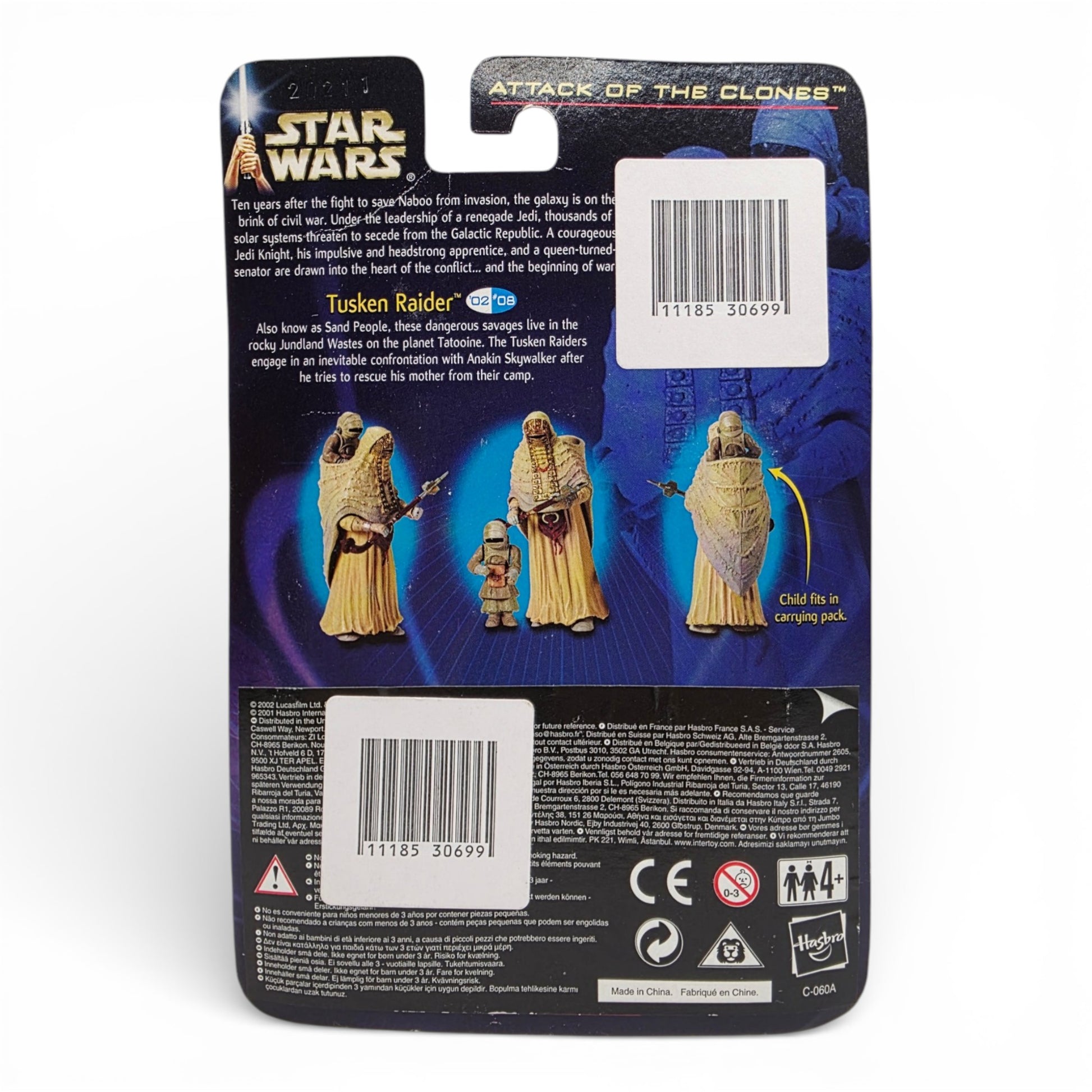 Vintage 2000s action figure. Attack of the Clones. Tusken Raider Female with Tusken Child. 3.75". Back view.