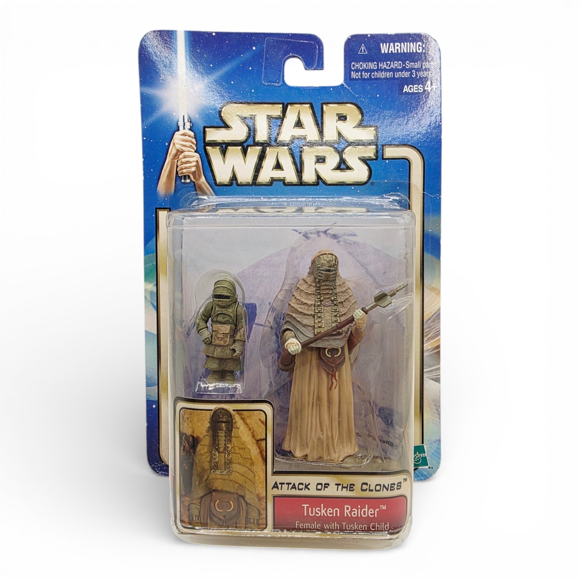 Vintage 2000s action figure. Attack of the Clones. Tusken Raider Female with Tusken Child. 3.75". Front view.