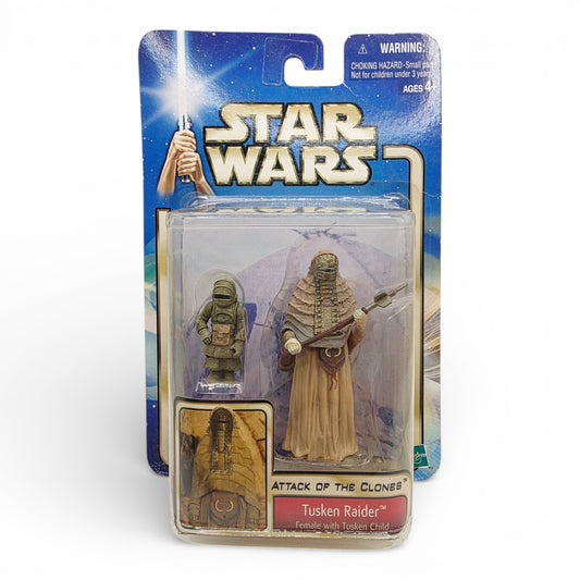 Vintage 2000s action figure. Attack of the Clones. Tusken Raider Female with Tusken Child. 3.75". Front view.