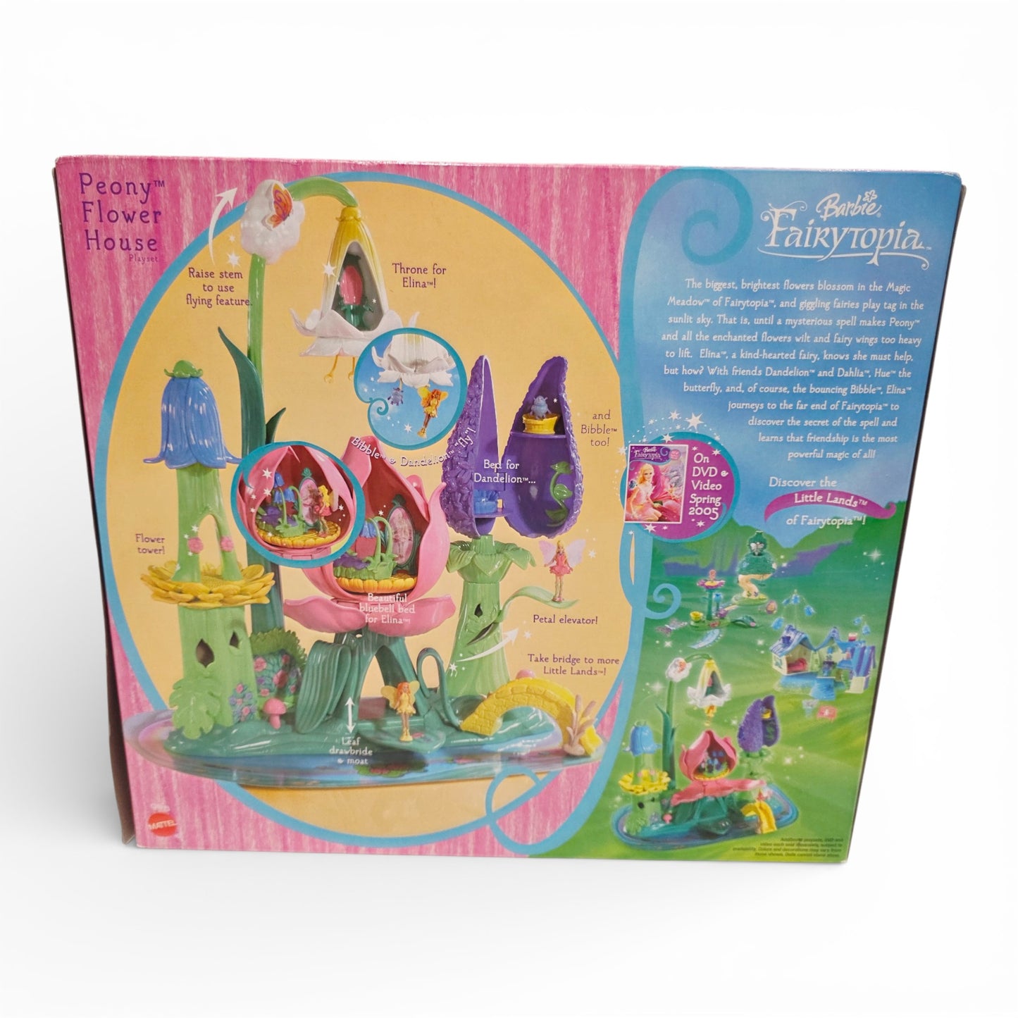 Vintage 2000s doll playset. Fairytopia Peony Flower House. Playset - Scarce to Find boxed!. Top view.