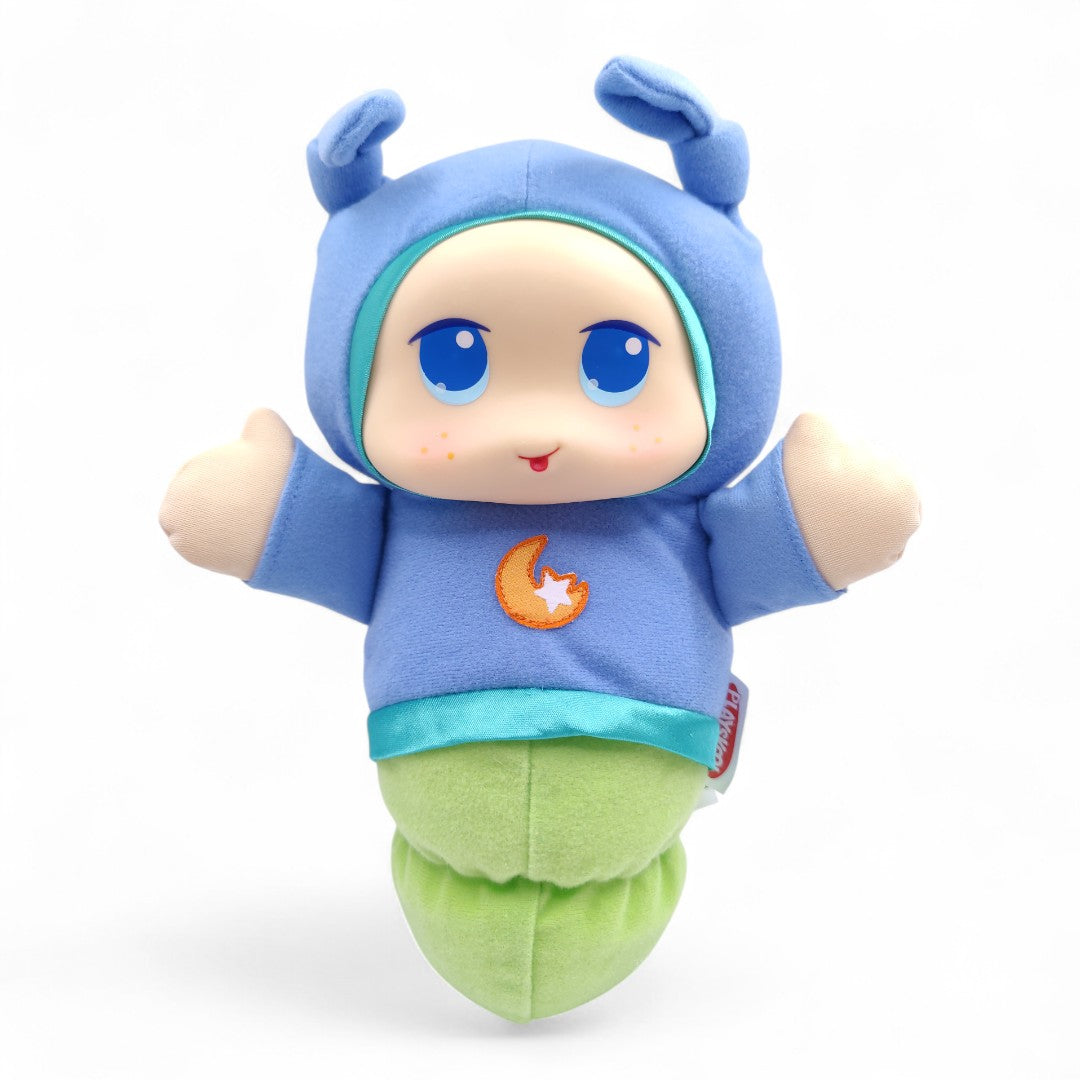 Vintage 2000s plush. Lullaby Gloworm (Blue). Music Box & Glowing Face 9". Face view.