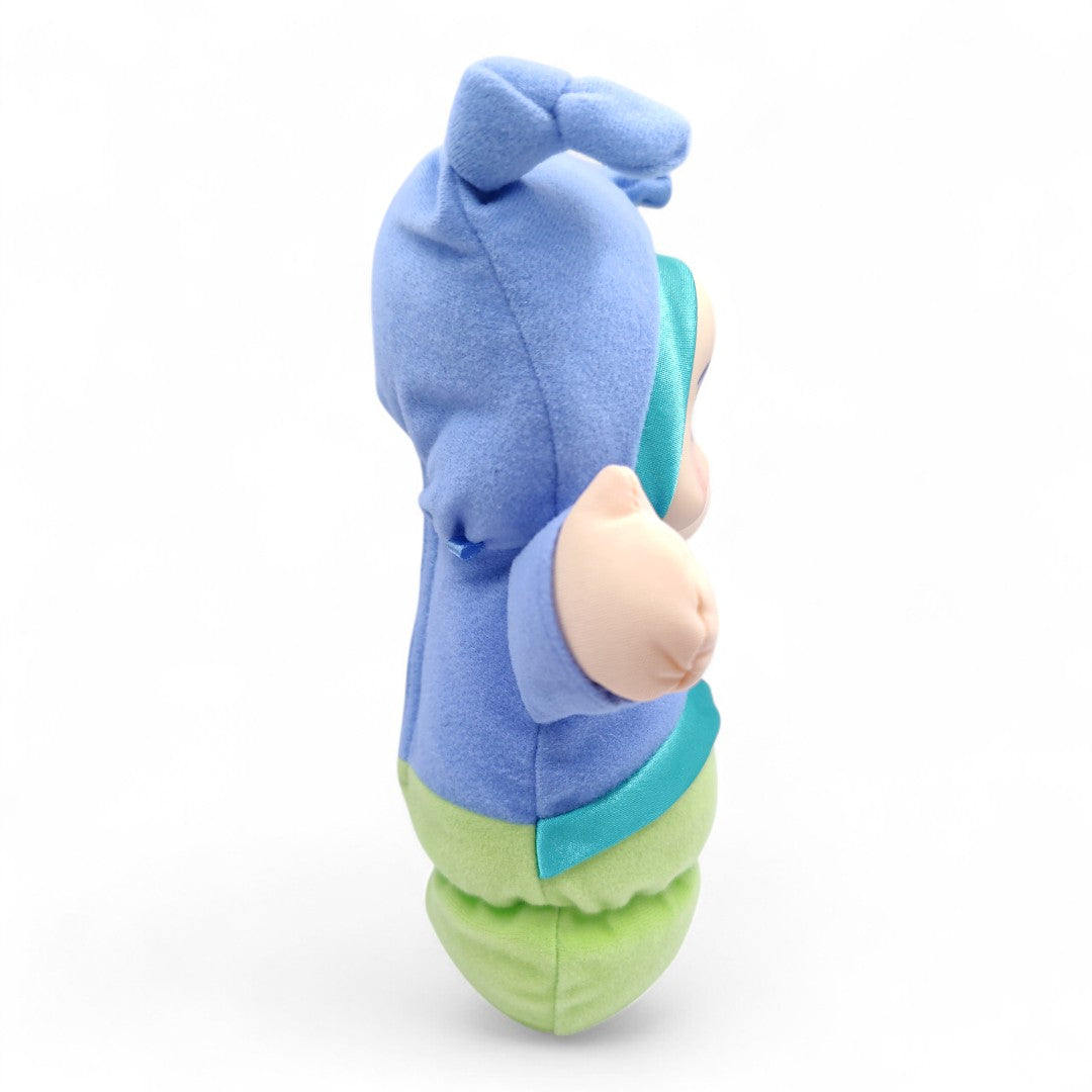Vintage 2000s plush. Lullaby Gloworm (Blue). Music Box & Glowing Face 9". Face view.