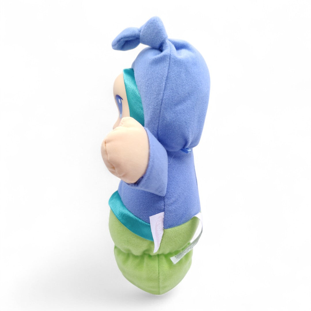 Vintage 2000s plush. Lullaby Gloworm (Blue). Music Box & Glowing Face 9". Face view.