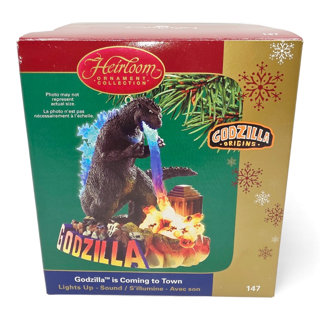 Vintage 2000s action figure accessory. Heirloom Ornament Collection. Godzilla is Coming to Town! Light up Ornament. Front view.