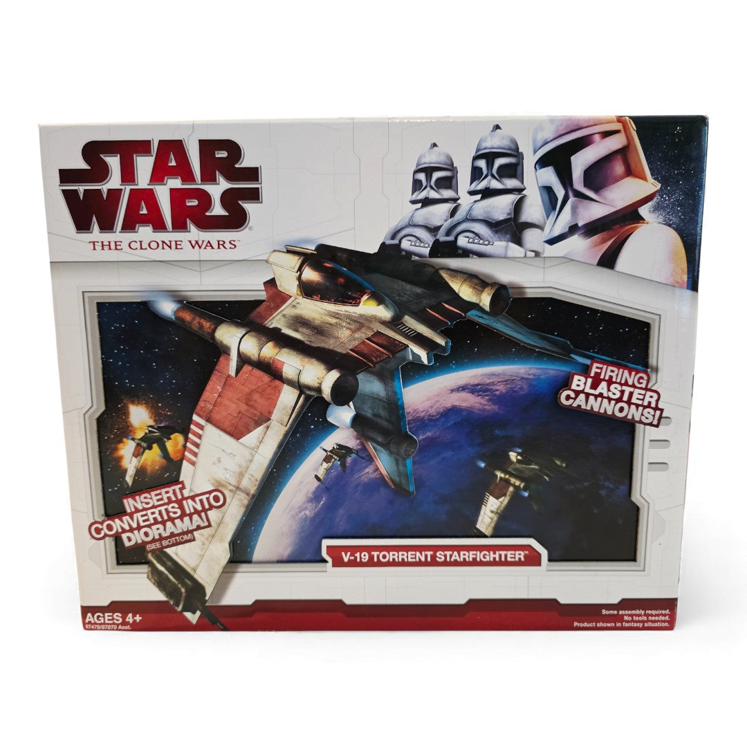 Vintage 2000s action figure playset. Clone Wars. Republic V-19 Torrent Starfighter. Front view.