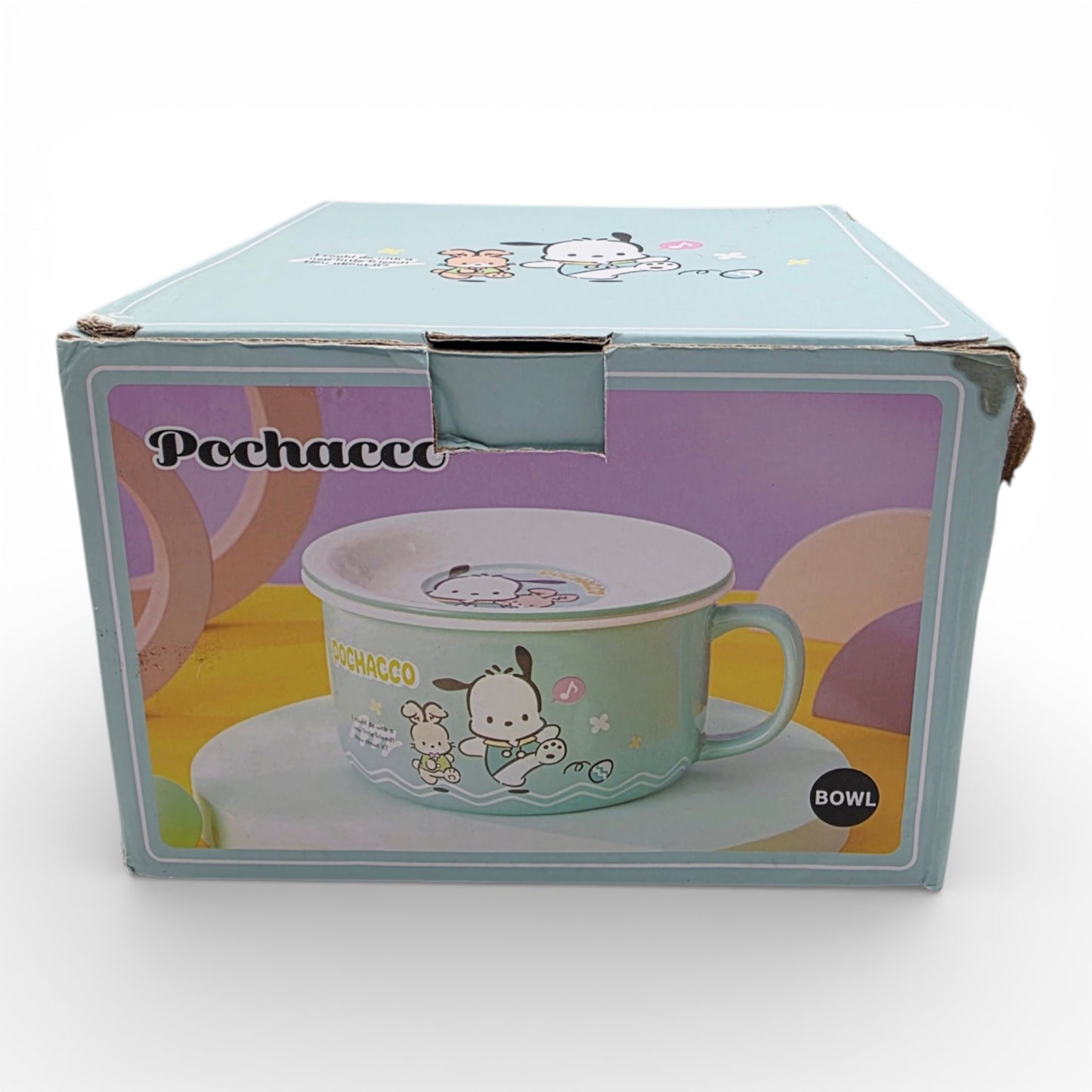 Vintage 2020s kitchenware & tableware. Ceramic Ramen Bowl with Lid. Pochacco. Face view.