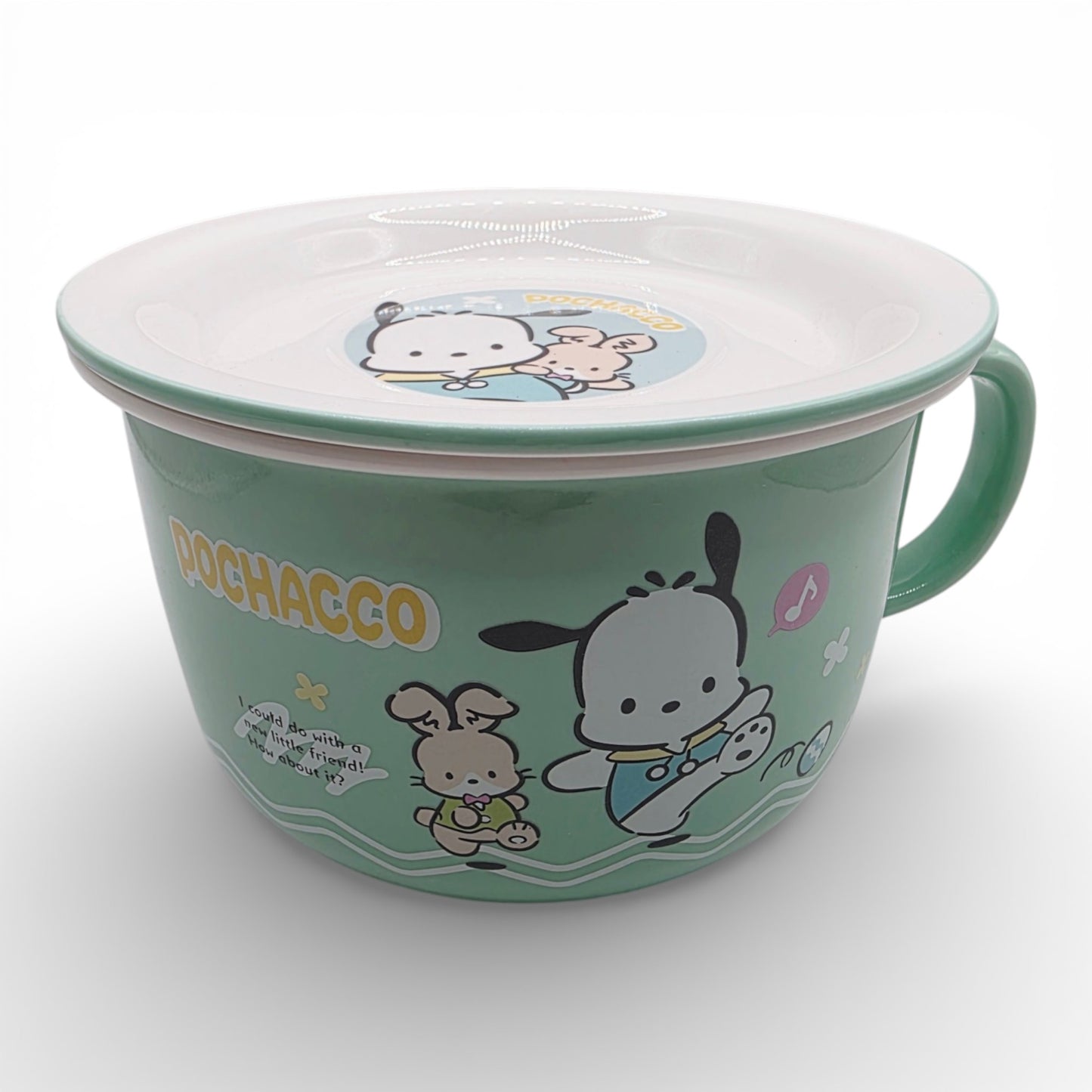 Vintage 2020s kitchenware & tableware. Ceramic Ramen Bowl with Lid. Pochacco. Left view.