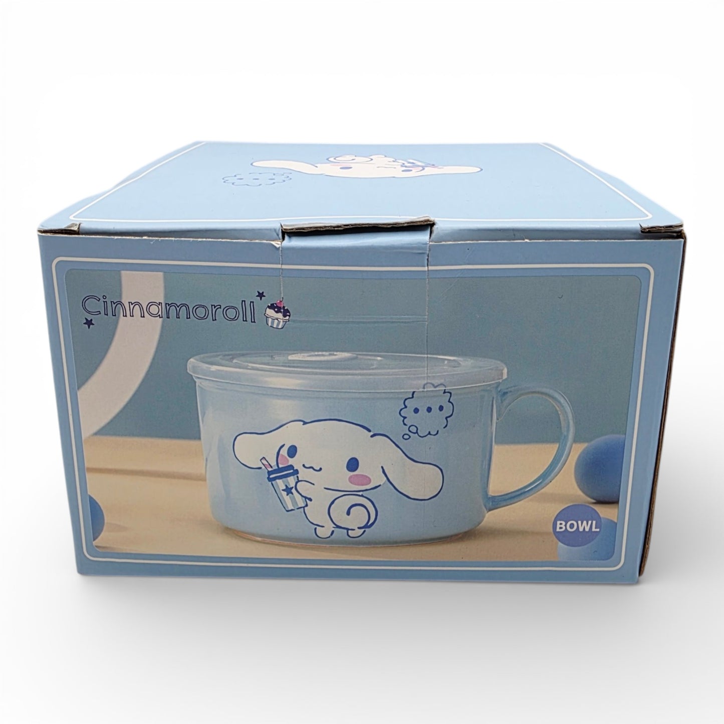 Vintage 2020s kitchenware & tableware. Ceramic Ramen Bowl with Lid. Cinnamoroll. Front view.