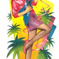 Colorful illustration of a woman with blue hair playing an electric guitar against a vibrant background.