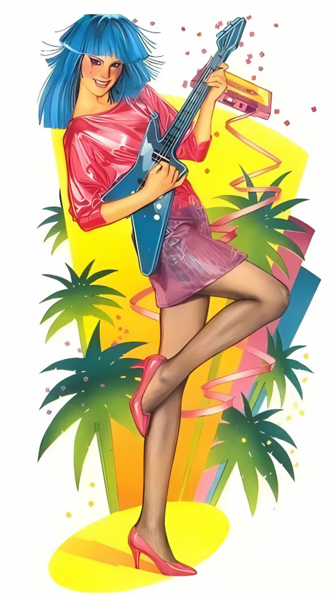 Colorful illustration of a woman with blue hair playing an electric guitar against a vibrant background.