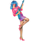Person in a colorful costume with a wig, dress, and high heels holding a blue guitar on a white background