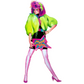 Person wearing a colorful costume with a green jacket and pink hair on a white background