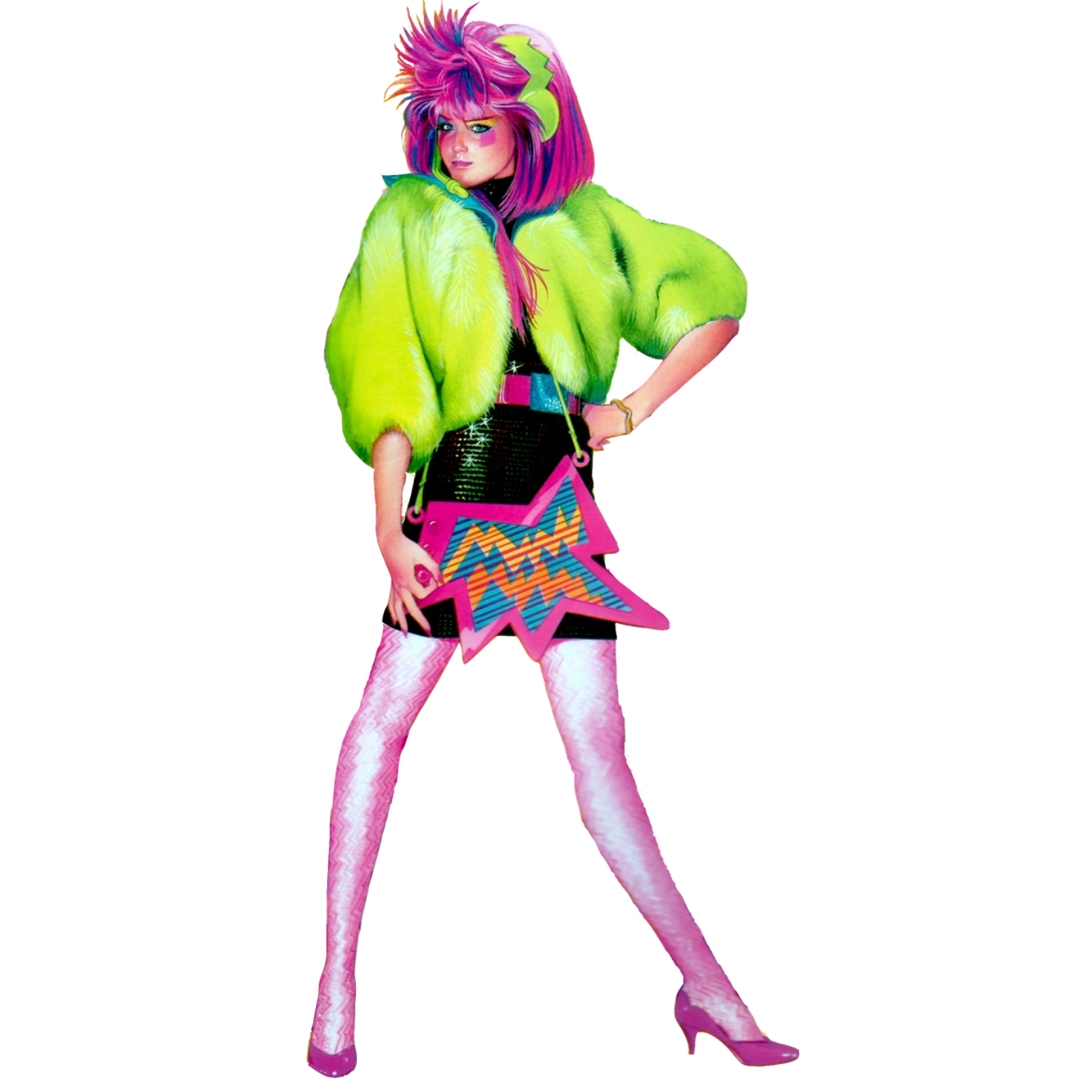 Person wearing a colorful costume with a green jacket and pink hair on a white background