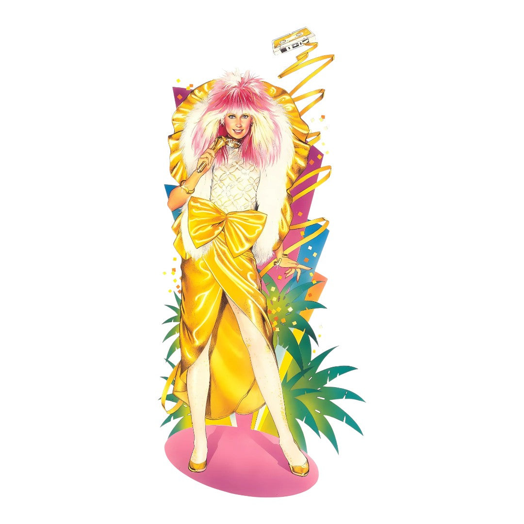 Colorful illustration of a character with pink hair and a yellow outfit on a white background