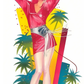 Illustration of a woman with pink hair and a red outfit standing among palm trees on a white background.
