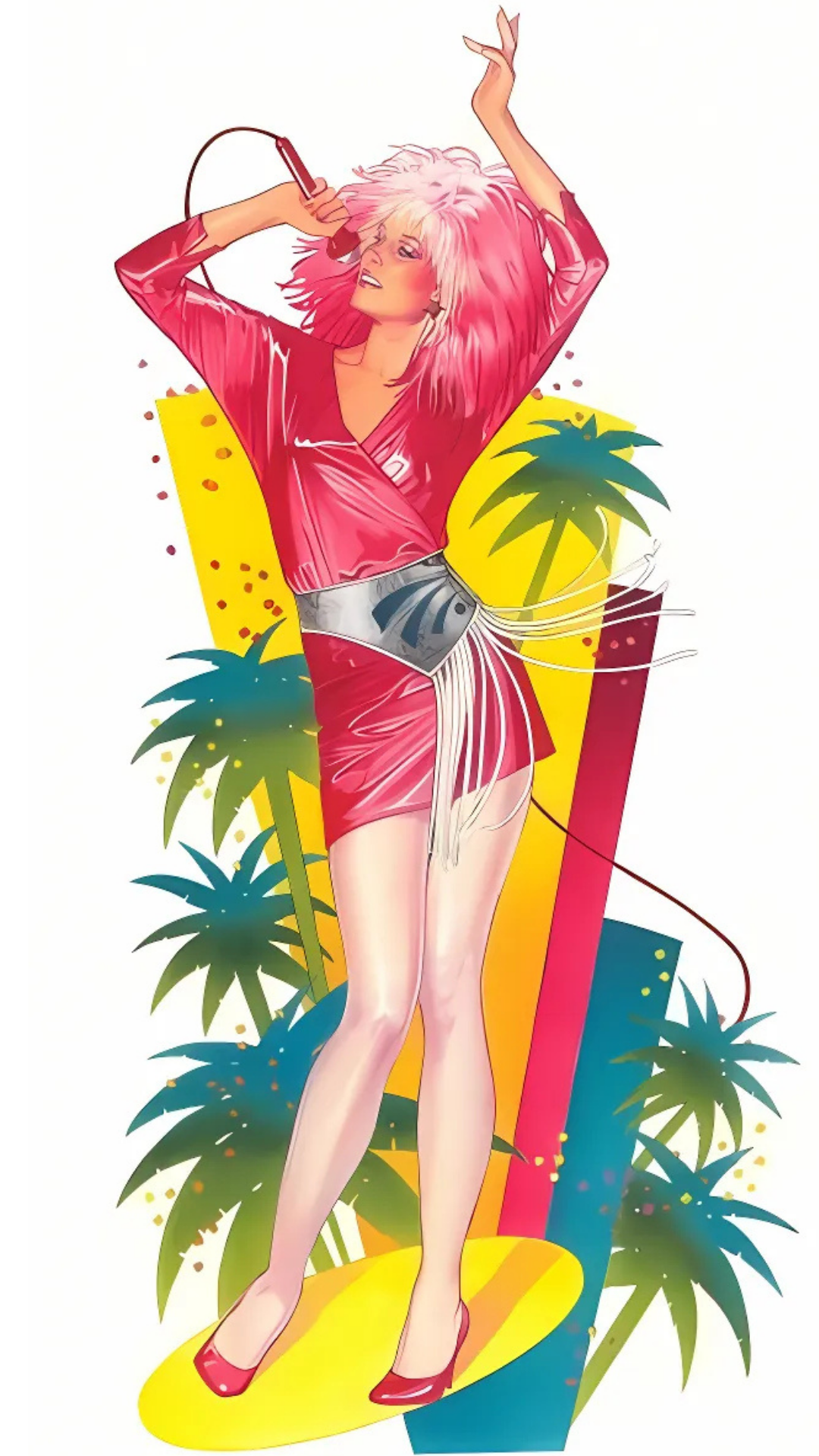 Illustration of a woman with pink hair and a red outfit standing among palm trees on a white background.