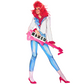 Person in a costume with red hair, holding a pink keyboard, on a white background